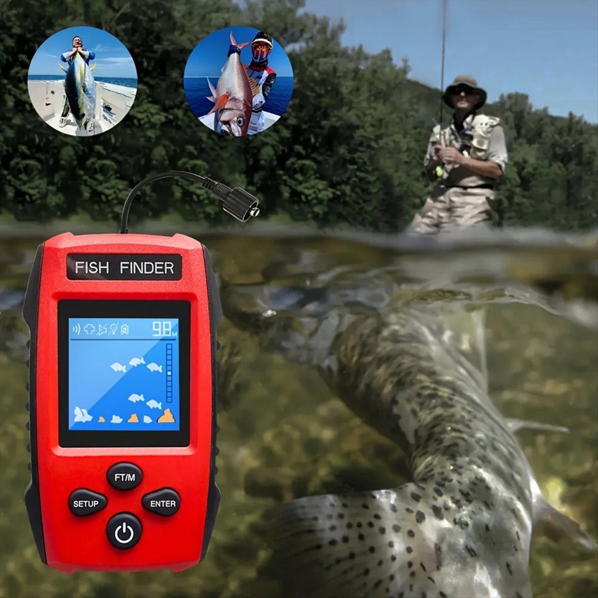 Fish Finder Transducer - Farb-LCD-Fischfinder, kabelgebundener Sonar-Wandler mit Erkennung, Tiefenfinder,